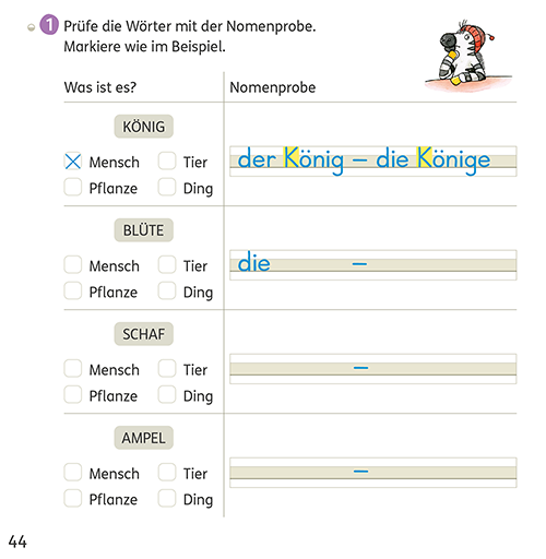 271030_Zebra2_AH_Sprache_S44_Nomenprobe Nomenprobe im Arbeitsheft Zebra Sprache 2, 2024, Seite 44