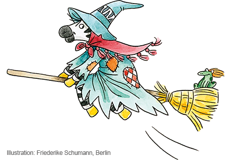 Vorlesen zu Halloween Franz Zebra als Hexe verkleidet