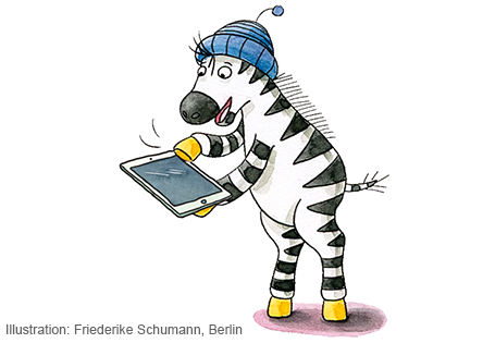 S645270900_Zebra_Tablet Zebra Franz übt im Distanzunterricht das Wort des Tages