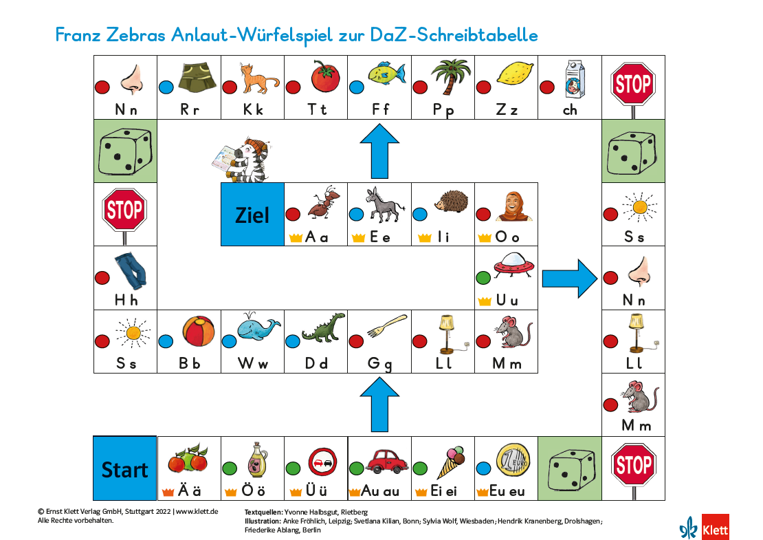 Zebra-Fanclub-DaZ-Spielideen-Wuerfelspiel Lernspiel Würfelspiel zur vereinfachten Zebra DaZ-Schreibtabelle