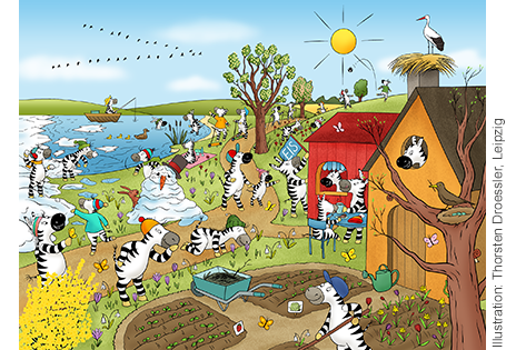 Zebras Wimmelbild Frühling für den Deutsch-, Sach- und DaZ-Unterricht in der Grundschule