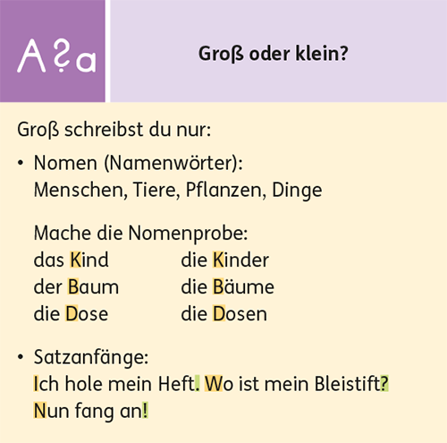 Rechtschreibstrategie Gross oder klein? Tippkarte aus dem Zebra Arbeitsheft Sprache 2