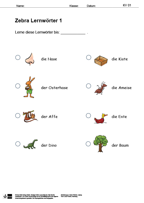 Zebras Lernwörter Schreibtabelle