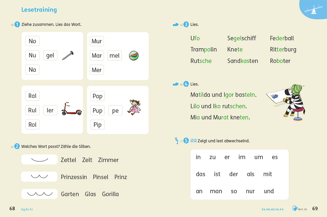 Lesetrainingseite im Zebra Lesebuch 1, 2024