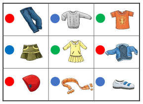Kärtchen für Zebras Bingo-Spiel zum Thema Kleidung