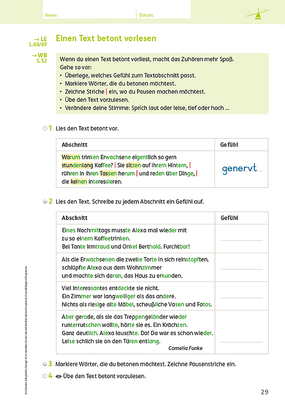 Zebra Arbeitsheft Lesen / Schreiben Klasse 3, Seite 29 Betontes Vorlesen