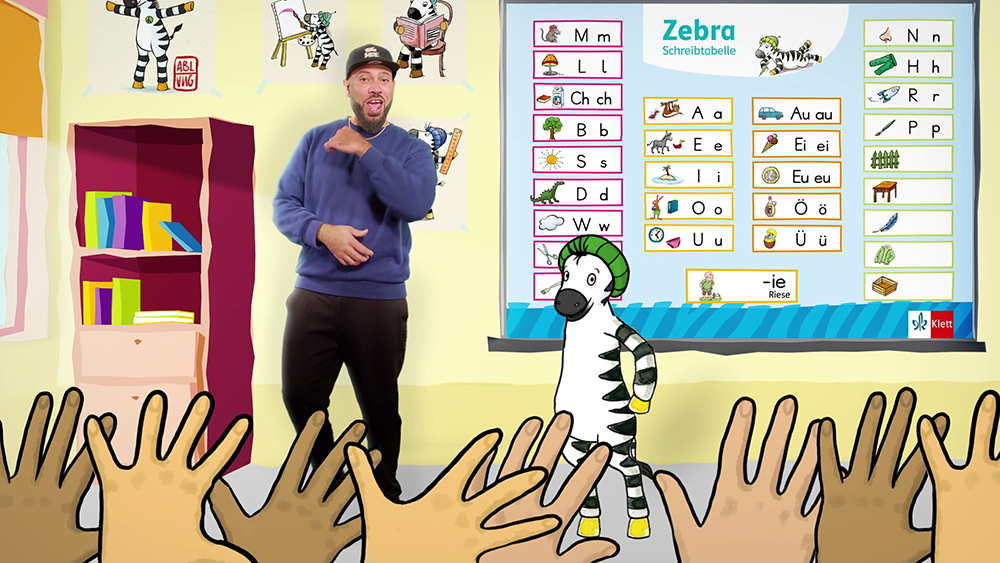 Zebra und BigMoe als Stars im neuen Rap zum Zebra Digitalen Unterrichtsassistenten zum Buchstabenheft Plus