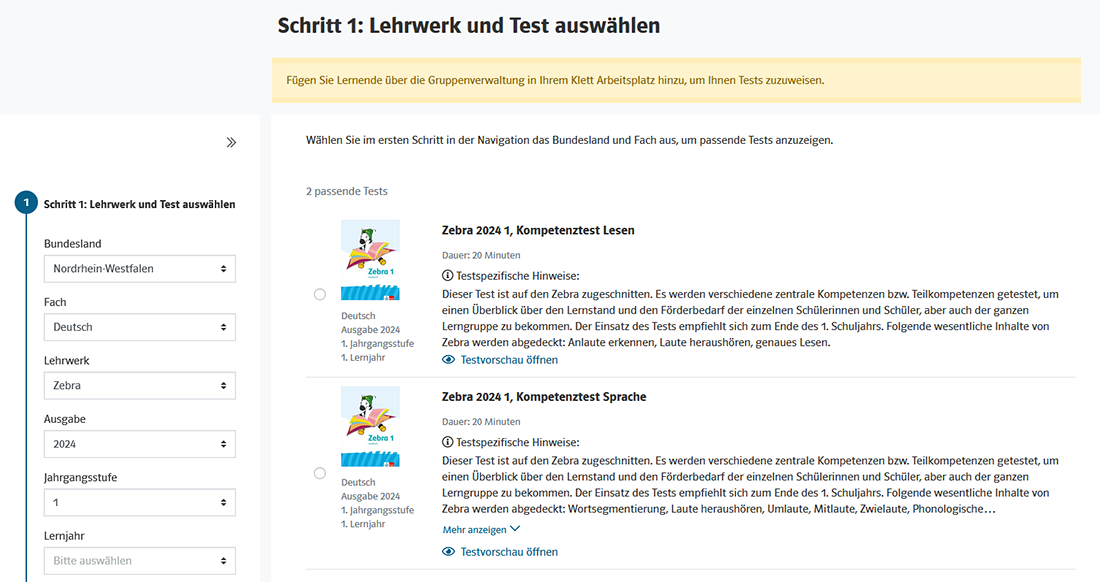 Auswahl des Lehrwerks im Portal Testen und Fördern