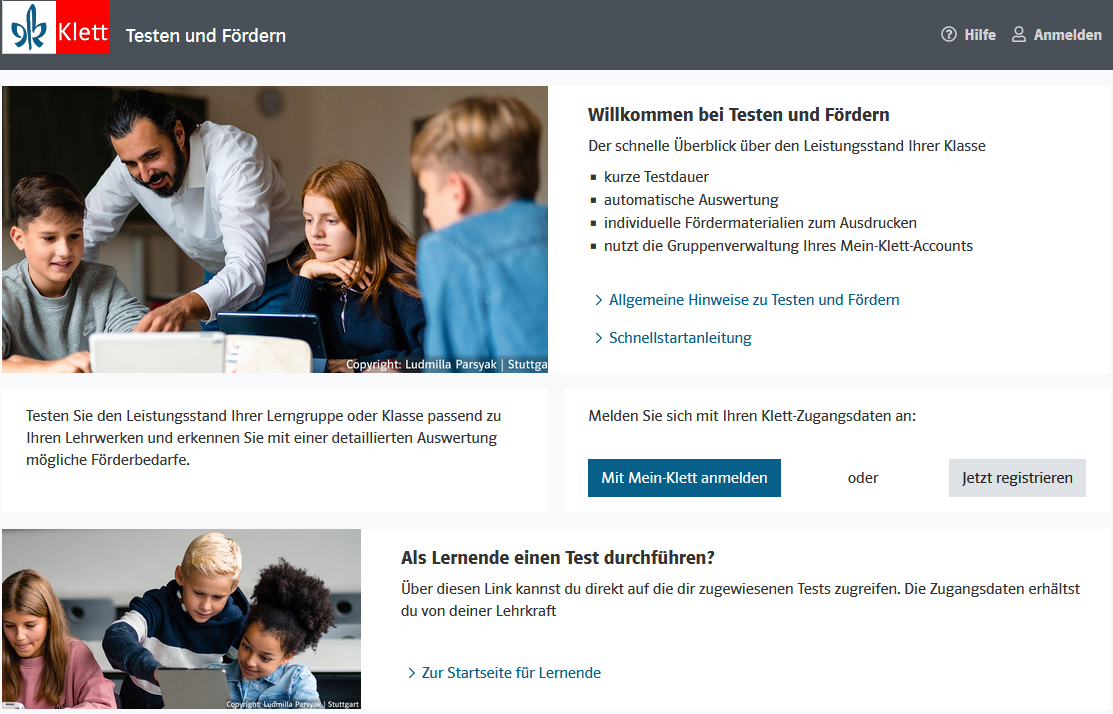 Startseite des kostenlosen Portals Testen und Fördern von Klett