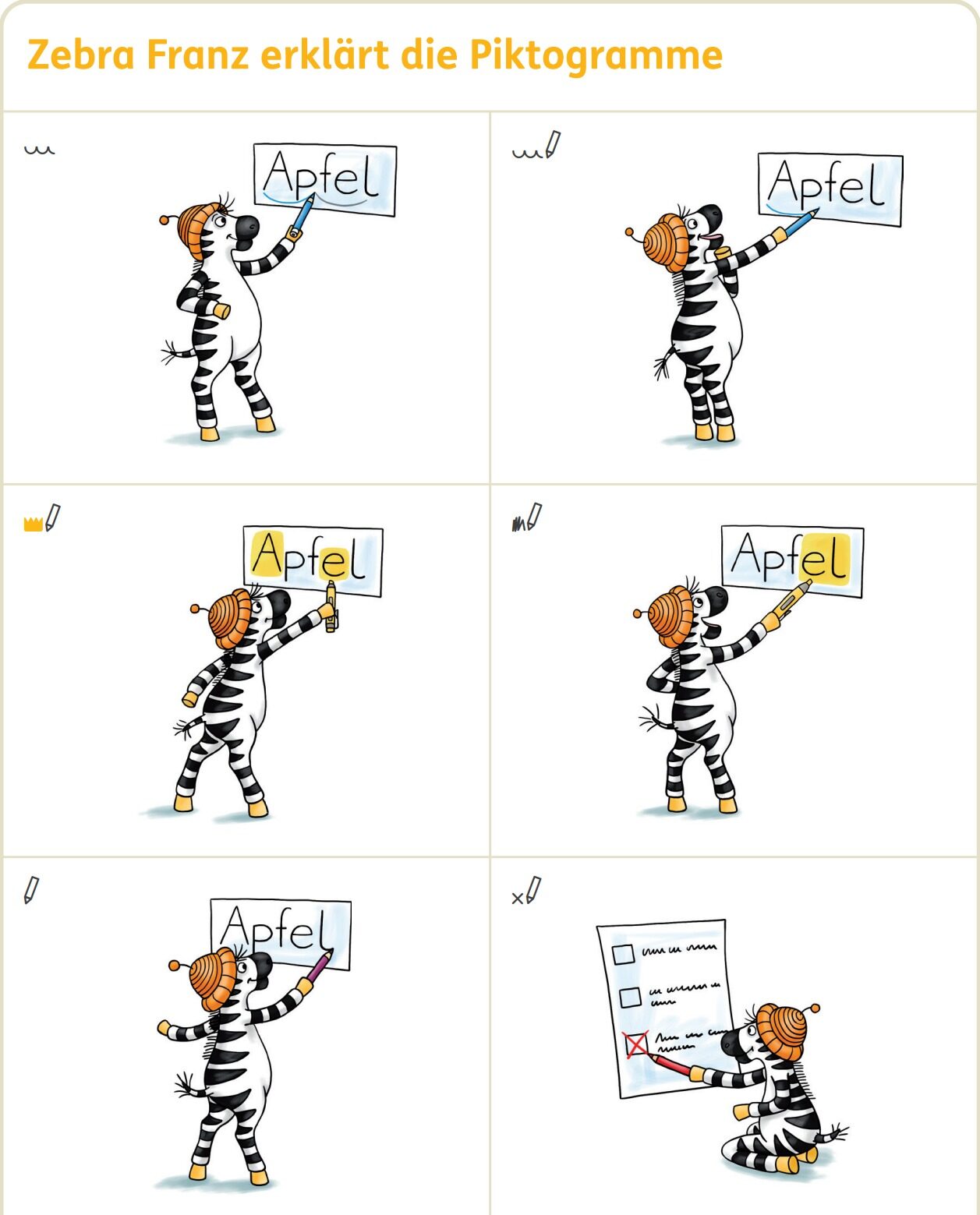 Erklärung der Piktogramme, Auszug aus Zebra 2 Sprache Förderheft