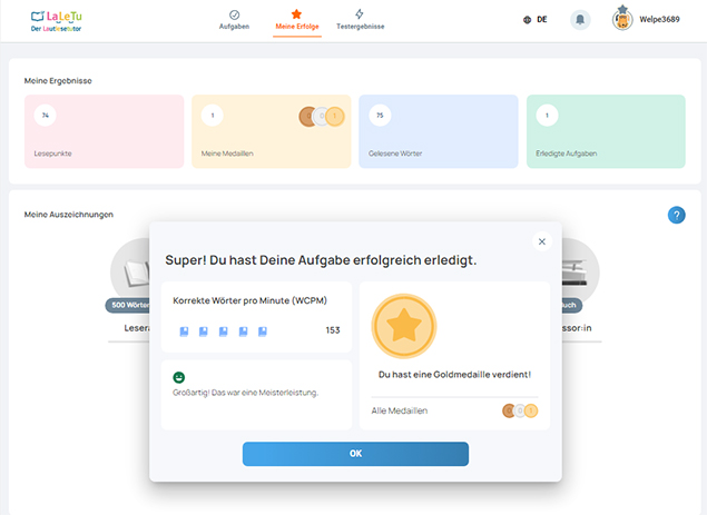 Zebrafanclub_LaLeTu_Zebra_Lesefoerderung_Schueleransicht_motivierend Beispiel eines Feedbacks mit Goldmedaille