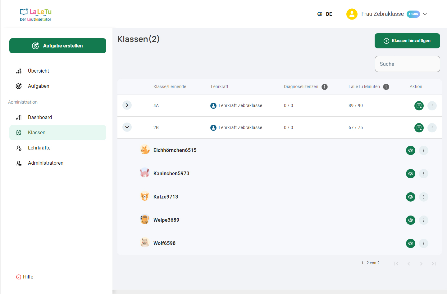 Zebrafanclub_LaLeTu_Zebra_Lesefoerderung_Uebersicht_Klassen_neu Übersicht über die Oberfläche von LaLeTu mit Verwaltung von zwei Klassen