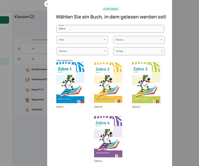 Zebrafanclub_LaLeTu_Zebra_Lesefoerderung_Uebersicht_Lesebuecher Die vier Zebra Lesebücher der Klassen 1 bis 4 in der Bibliothek von LaLeTu