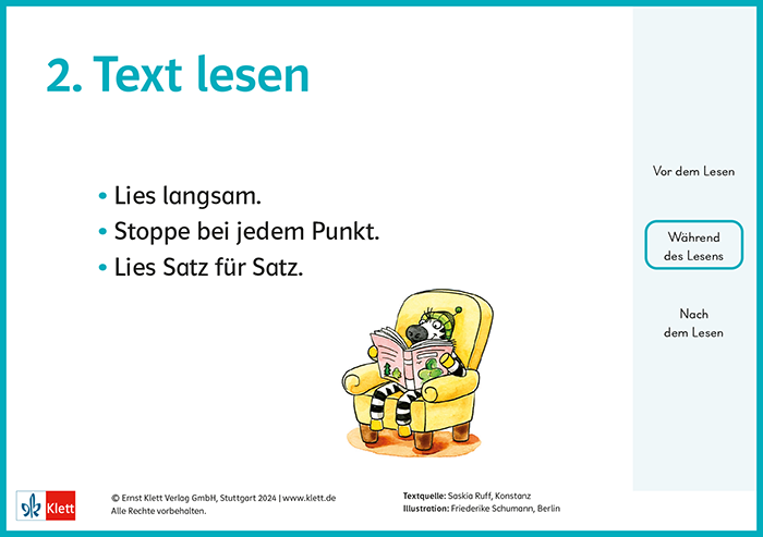 Sinnentnehmendes Lesen üben mit Franz Zebras Tafelkarten zu Lesetipps: Text lesen