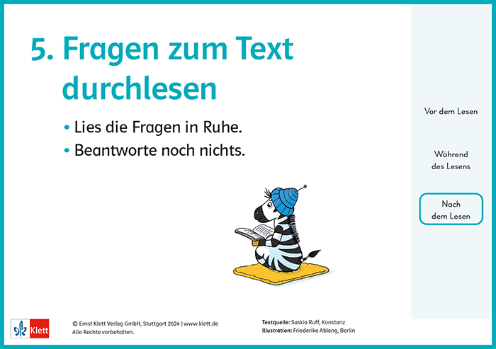 Sinnentnehmendes Lesen üben mit Franz Zebras Tafelkarten zu Lesetipps: Fragen zum Text durchlesen