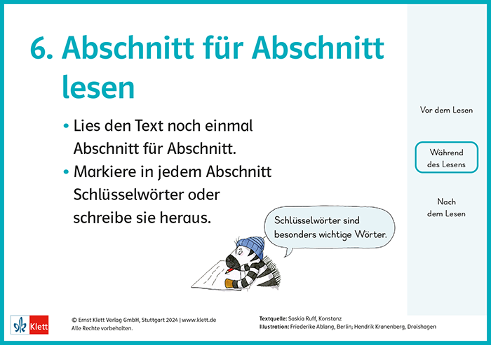 Sinnentnehmendes Lesen üben mit Franz Zebras Tafelkarten zu Lesetipps: Abschnitt für Abschnitt lesen