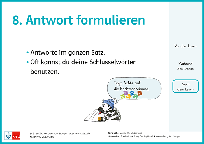 Sinnentnehmendes Lesen üben mit Franz Zebras Tafelkarten zu Lesetipps: Antwort formulieren