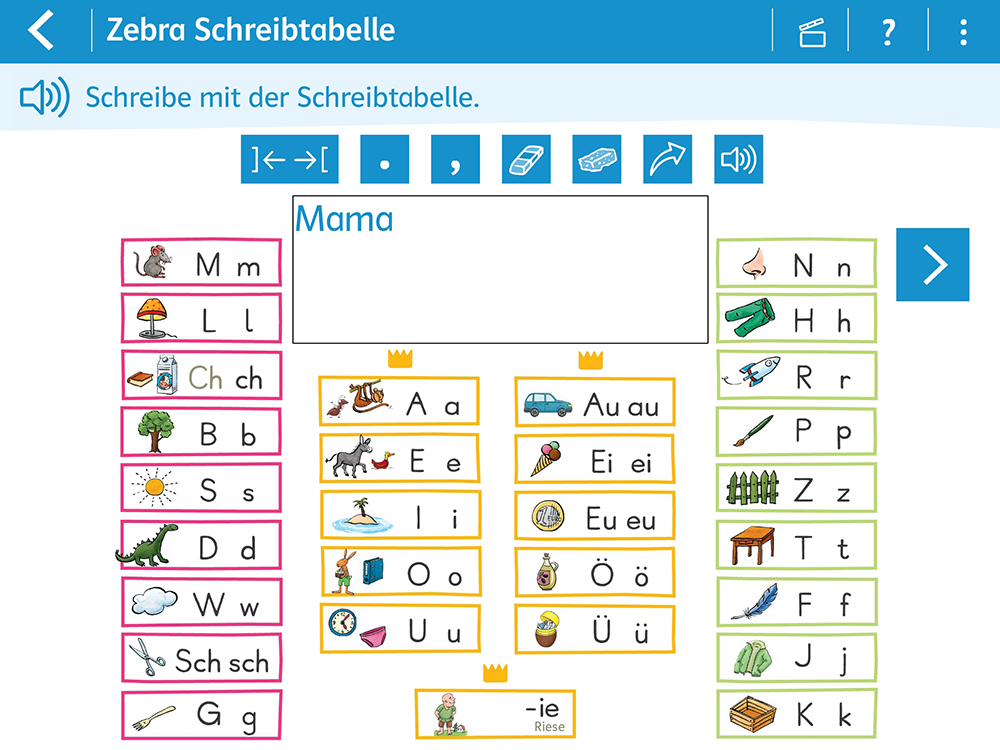 Screenshot_20241114-132228_Zebra Schreibtabelle Freies Schreiben mit der Zebra Schreibtabelle, bei bestehender Internetverbindung wird die Verschriftung vorgelesen