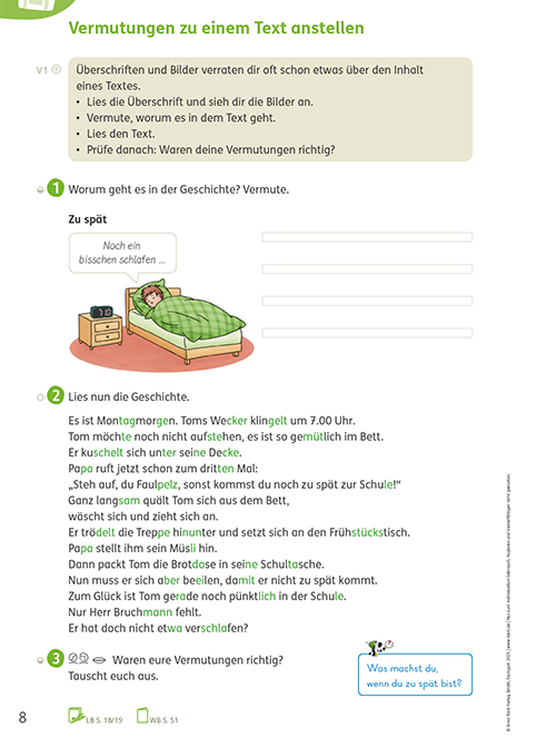 Übungen im Arbeitsheft Lesen/Schreiben: Vermutungen zu einem Text anstellen