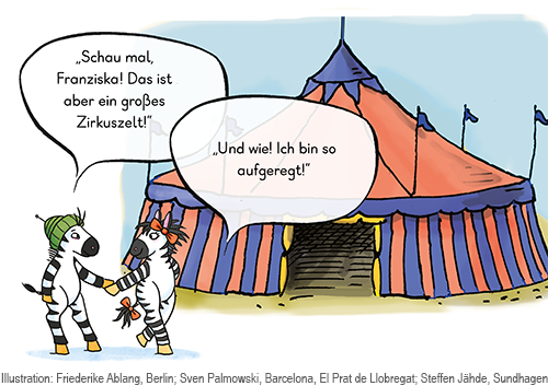 Bild_1_mit_SB_Text_neu Bildergeschichte Bild 1. Zebra Franz und Franziska vor einem Zirkuszelt.