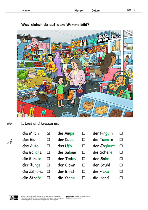 Zebra Wimmelbild Kopiervorlage Lesen und Ankreuzen Seite 1