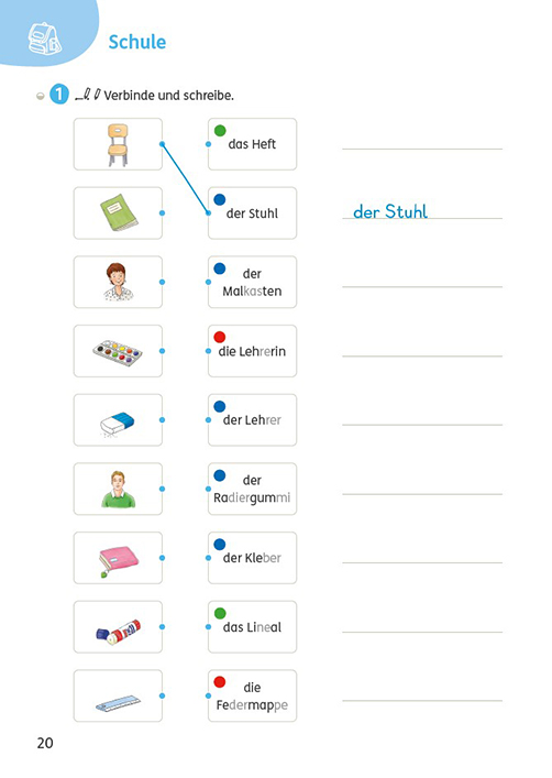 Mithilfe von Aufgaben zum Verbinden, Lesen, Malen und Schreiben wird der Wortschatz geübt, mit den Artikeln in Bezug gesetzt und auf die Pluralform erweitert.