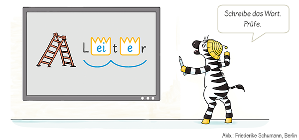 Illu_Beitrag_Wort_des_Tages_Lautgebaerden Schreibentwicklung: Zebra Franz vor der digitalen Tafel