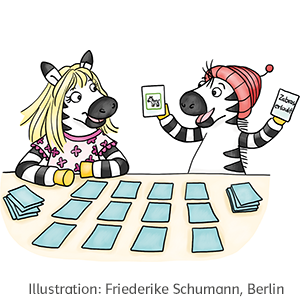 S645270970_S71_02_Zebra Zebra Franz spielt mit einem Zebra-Mädchen ein Memo-Spiel
