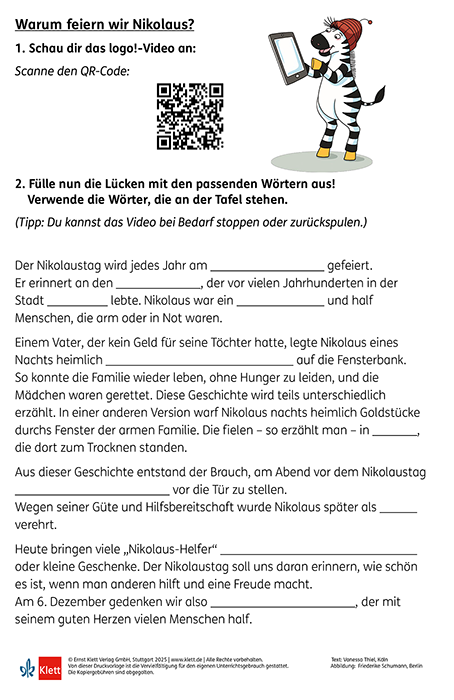 Arbeitsblatt Warum feiern wir Nikolaus? Lückentext mit Lösung