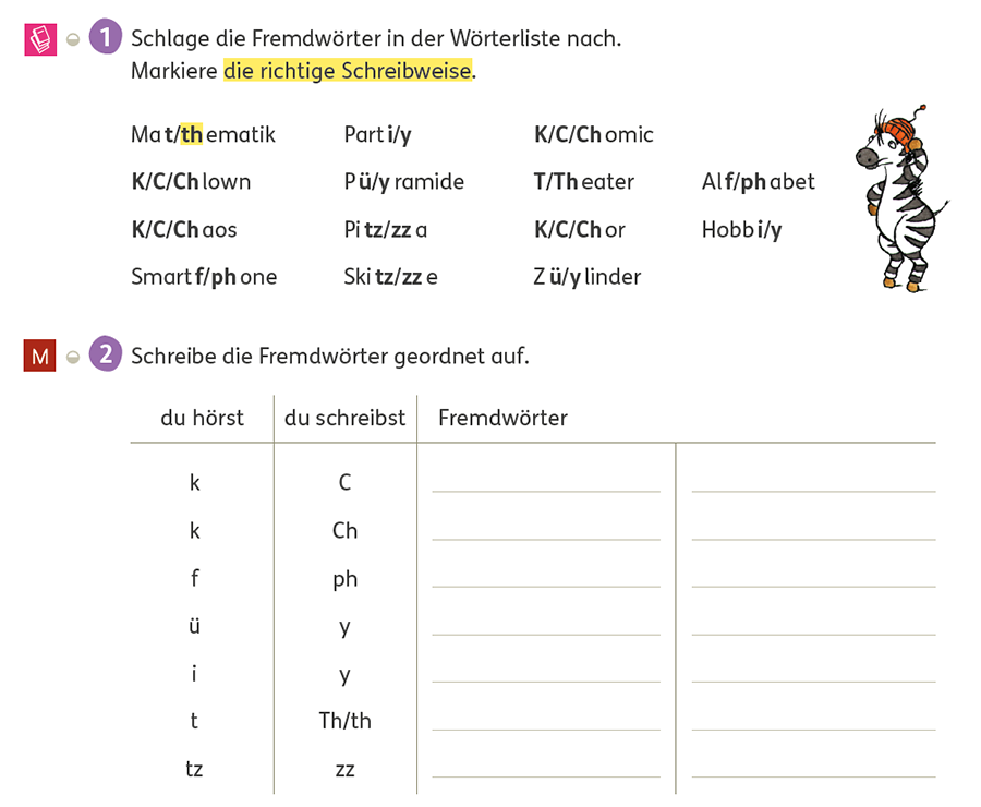 Zebra_AHSprache4_S109_Fremdwoerter Aufgabe 1 und 2, AH Zebra Sprache 4, Fremdwörter, Seite 109