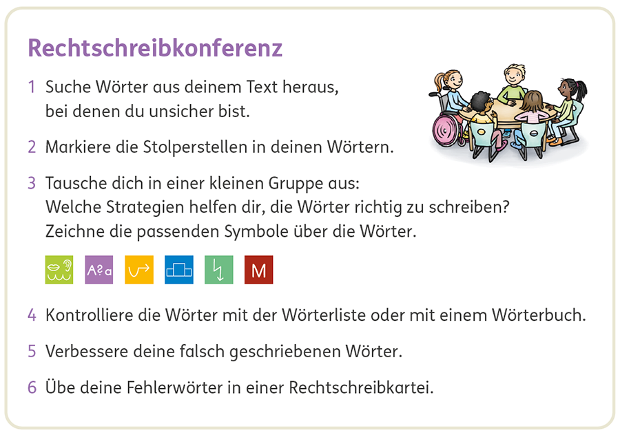 Zebra_AHSprache4_S7_Rechtschreibkonferenz Lern- und Schreibtipp „Rechtschreibkonferenz“, Arbeitsheft Zebra Sprache 4, S. 7
