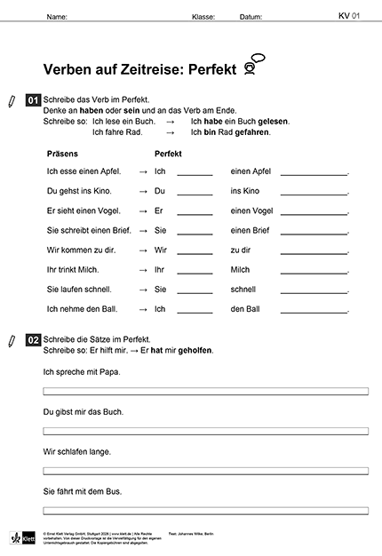 Arbeitsblatt zum Trainieren der Verbzeitformen Perfekt-Präsens