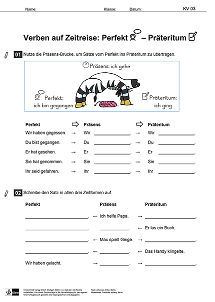 Arbeitsblatt zum Trainieren der Verbzeitformen Präteritum-Präsens-Perfekt