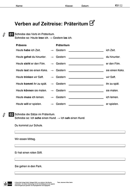 Arbeitsblatt zum Trainieren der Verbzeitformen Präteritum-Präsens