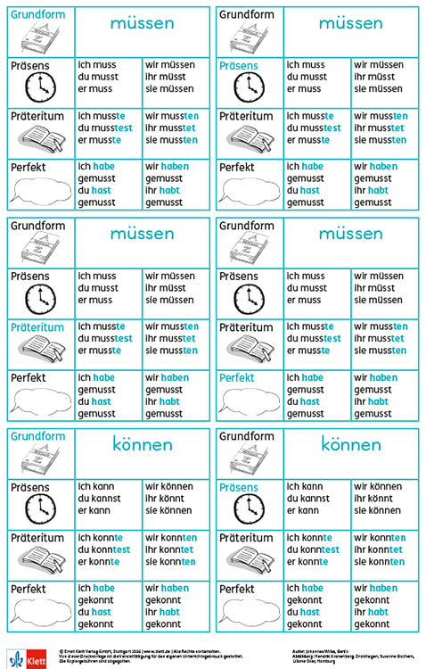Quartettkarten zum Trainieren der Verbzeitformen Präsens und Präteritum