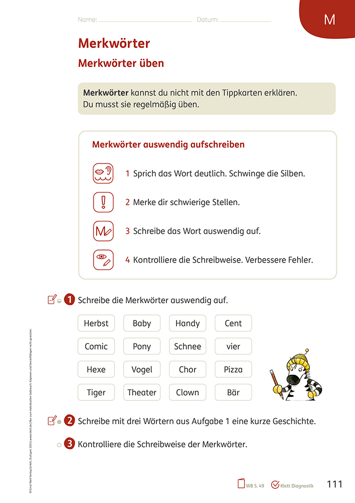 Merkwörter üben mit dem Zebra Arbeitsheft Sprache 2, Seite 111