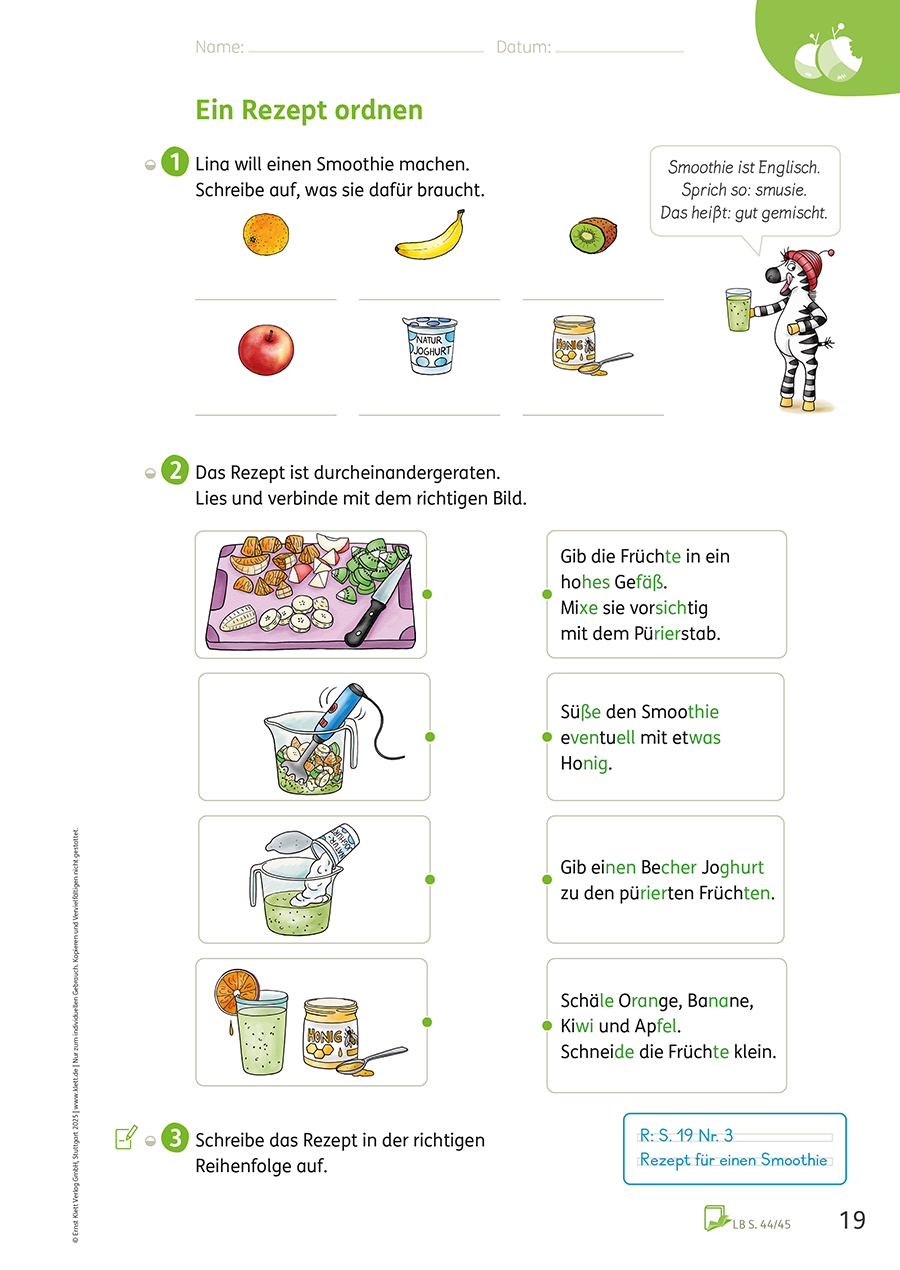 Zebra Arbeitsheft Lesen/Schreiben 3, S. 19 Rezept