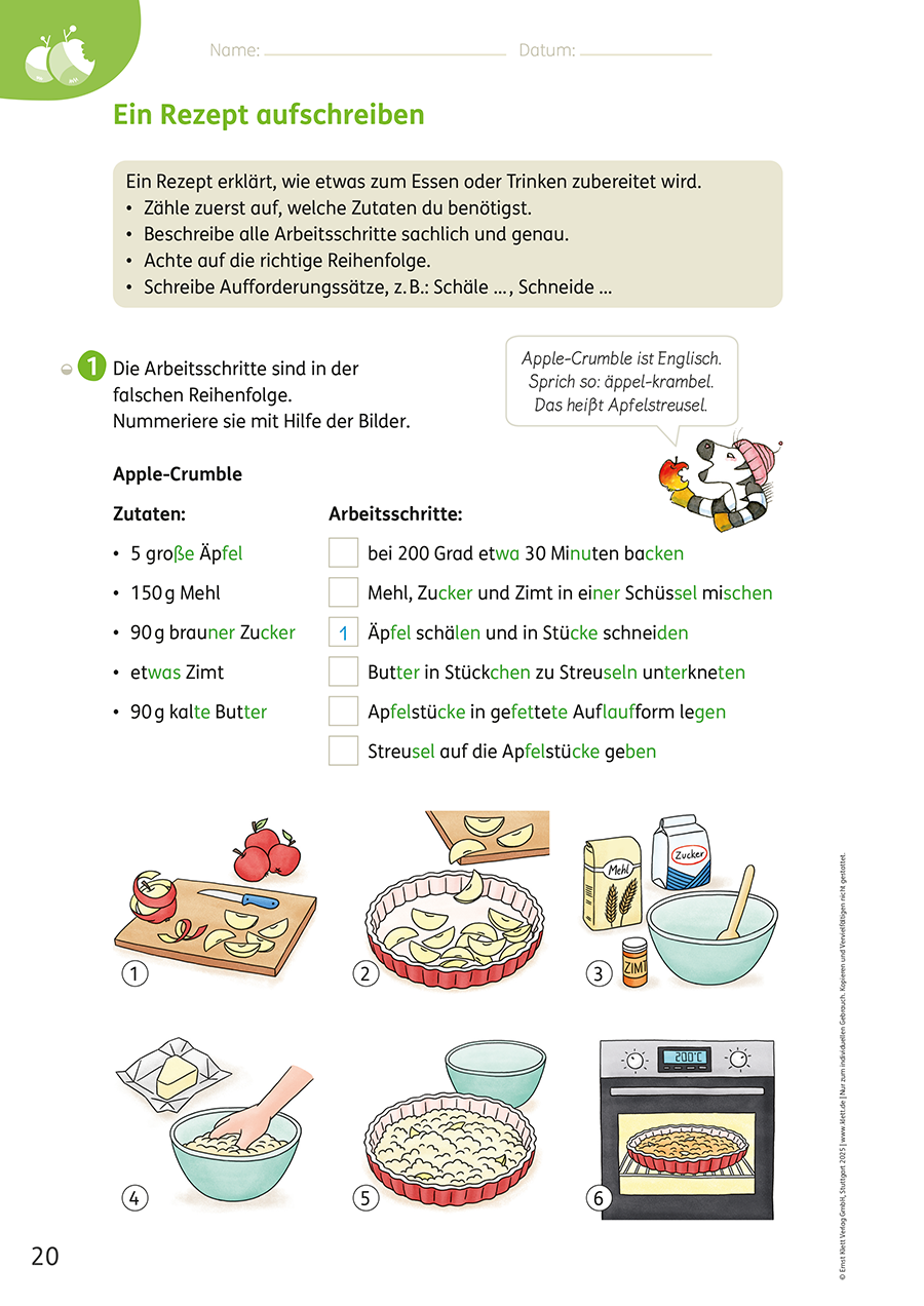 Zebra Arbeitsheft Lesen/Schreiben 3, S. 20 Rezept