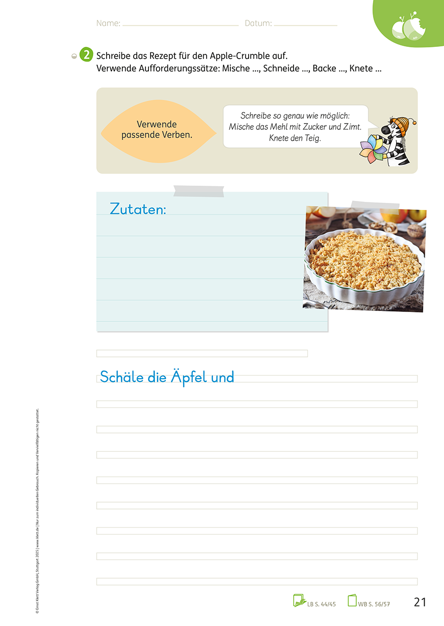 Zebra Arbeitsheft Lesen/Schreiben 3, S. 21 Rezept