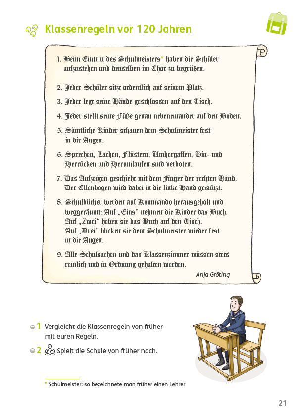 Zebra 3 Lesebuch, Seite 21, Klassenregeln vor 120 Jahren