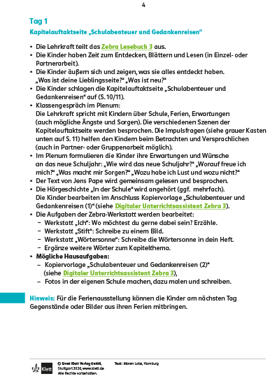 Zebra Schulstartheft Klasse 3 Tag 1