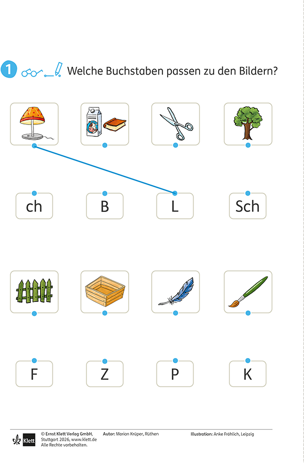 Zebra Trainingsheft Vorläuferfähigkeiten Welche Buchstaben passen zu den Bildern? Verbinde.