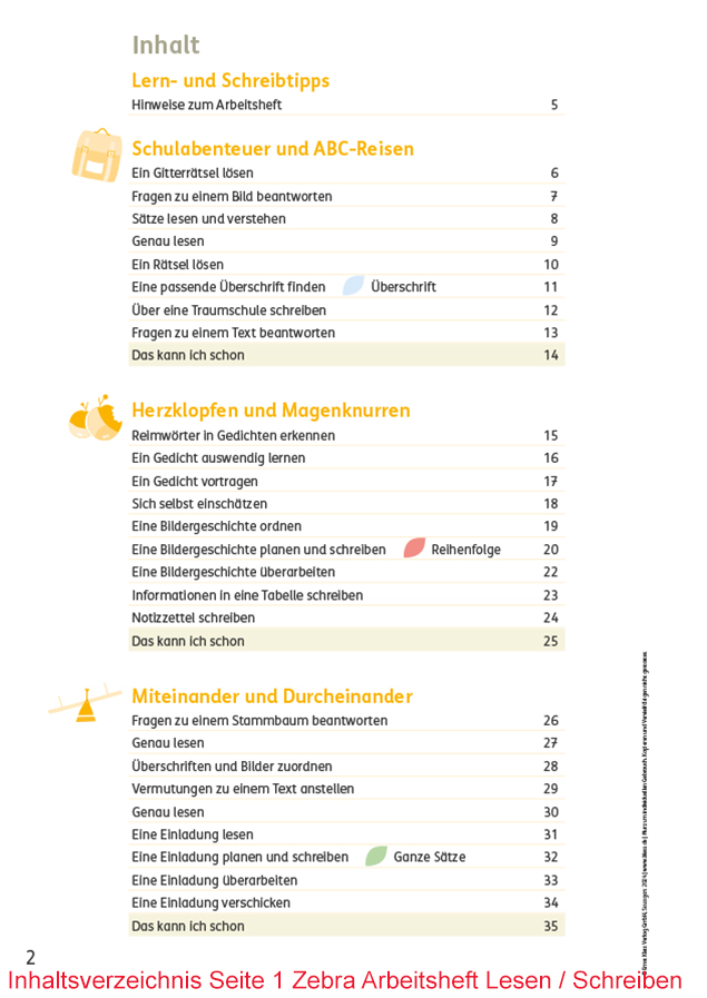 Inhaltsverzeichnis Zebra Arbeitsheft Lesen / Schreiben 2