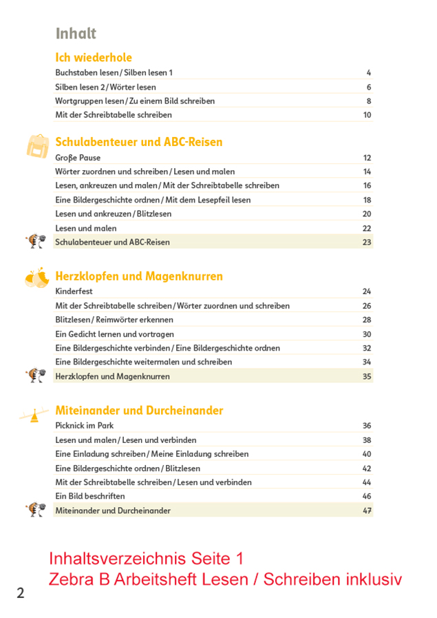 Inhaltsverzeichnis Seite 1 Zebra Arbeitsheft B Lesen / Schreiben inklusiv