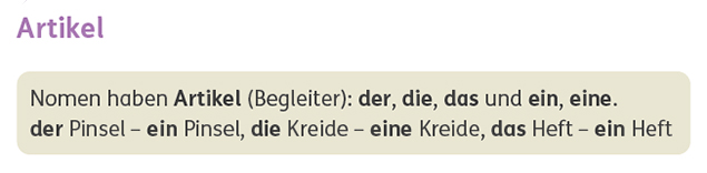 Merksatz Artikel im Zebra Arbeitsheft Sprache 2