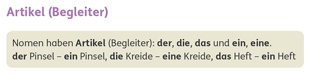 Merksatz Artikel im Zebra Arbeitsheft Sprache Fördern 2