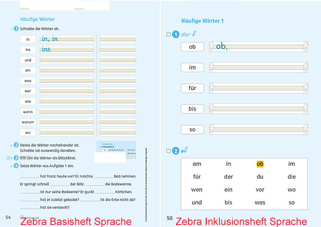 Zebra Arbeitsheft Sprache 2 inklusiv, Seite 50 im Vergleich zum Basisheft