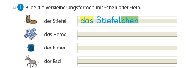 Zebra Arbeitsheft Sprache 2, S. 82: Suffixe/Nachbausteine von Nomen: Verkleinerungsformen.
