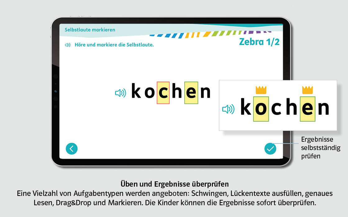 Zebra-App Üben und Ergebnisse überprüfen